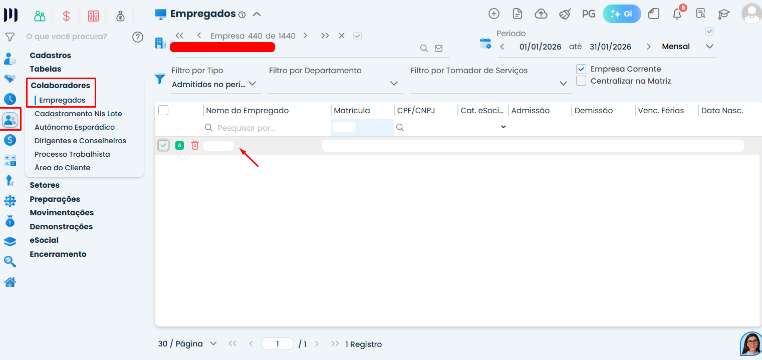 Tela do Sistema Contábil Makro destacando o menu Pessoal > Colaboradores > Empregados para corrigir a Empresa na TRCT.