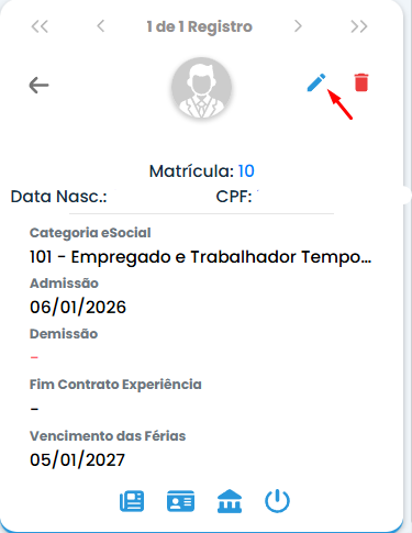 Painel do colaborador no Sistema Contábil Makro com o ícone Alterar Cadastro destacado para corrigir a Empresa na TRCT.