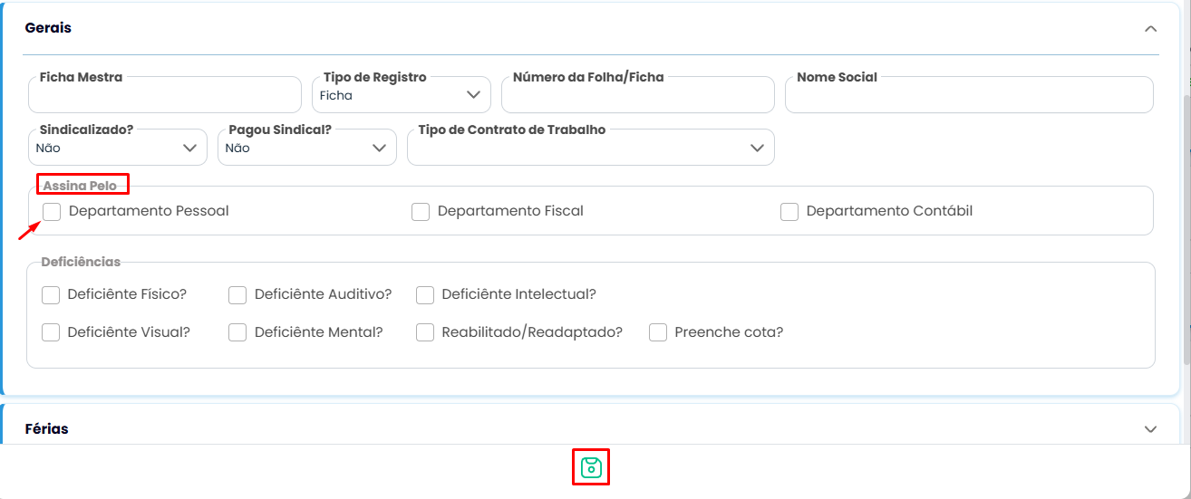 Tela da aba Gerais no Sistema Contábil Makro mostrando a opção Assina pelo Departamento Pessoal para ajustar a Empresa na TRCT.