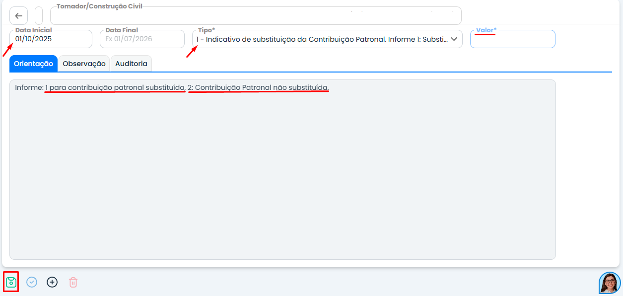 Tela de complemento da obra no Sistema Contábil Makro para informar o tipo e valor da parte patronal, corrigindo o eSocial 8.
