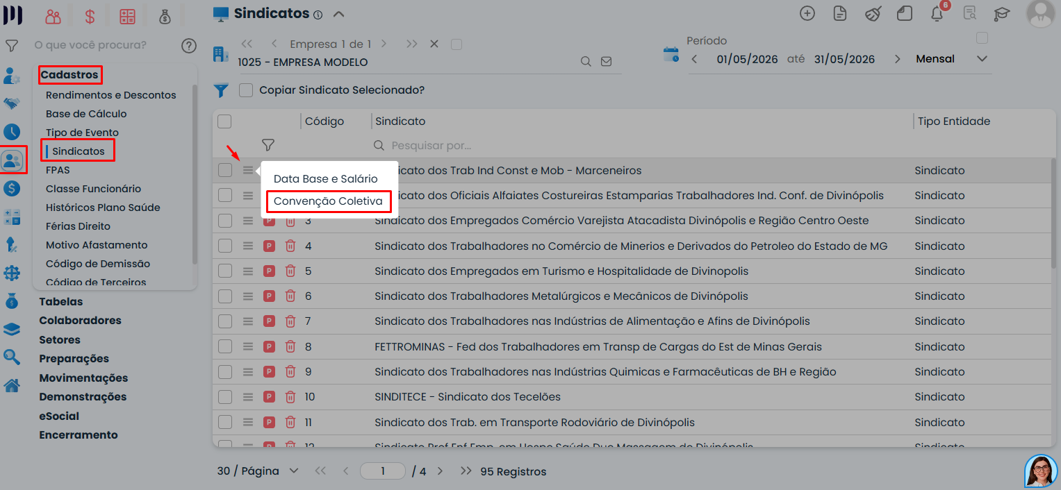 Tela de convenção coletiva no Sistema Contábil Makro destacando o acesso ao cadastro de sindicatos para solucionar o eSocial 8.