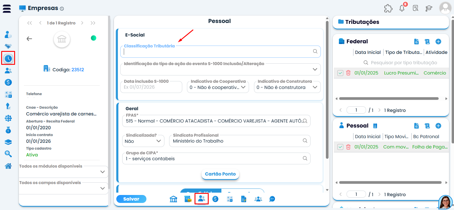 Tela de classificação tributária da empresa no Sistema Contábil Makro utilizada para conferir divergências relacionadas ao eSocial 8.