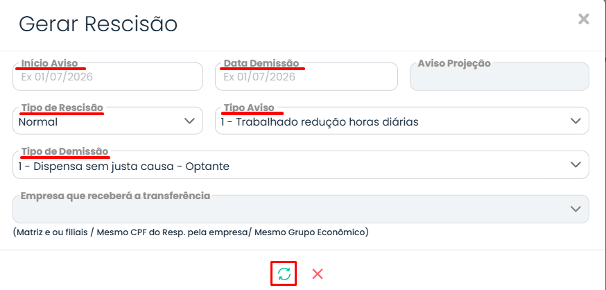 Janela Gerar Rescisão no Sistema Contábil Makro com campos de aviso e data de demissão para configurar o aviso trabalhado na rescisão.