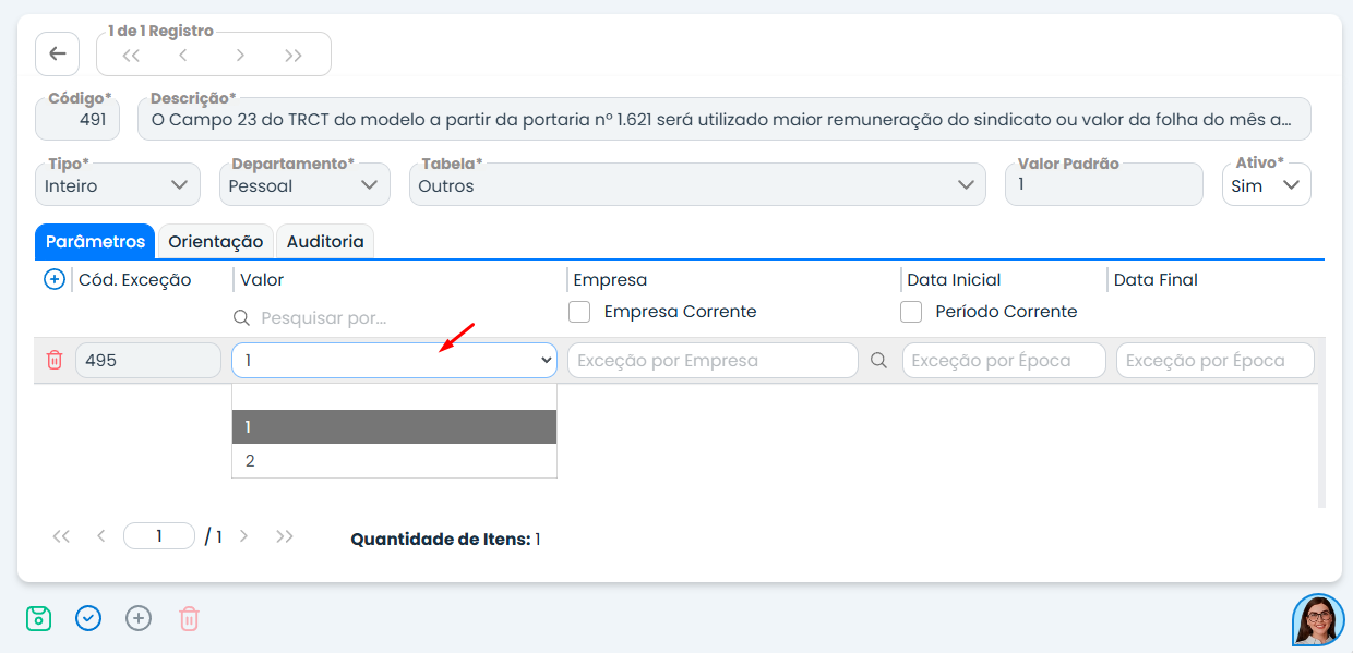 Tela do Sistema Contábil Makro mostrando o parâmetro 491 com as opções de valor 1 e 2 para definir a Configuração do TRCT conforme a remuneração desejada.