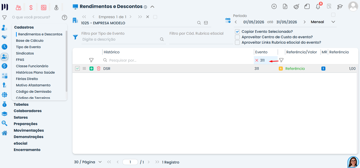 Tela do Sistema Contábil Makro apresentando o evento 311 na lista de Rendimentos e Descontos utilizado no DSR na folha de pagamento do funcionário.