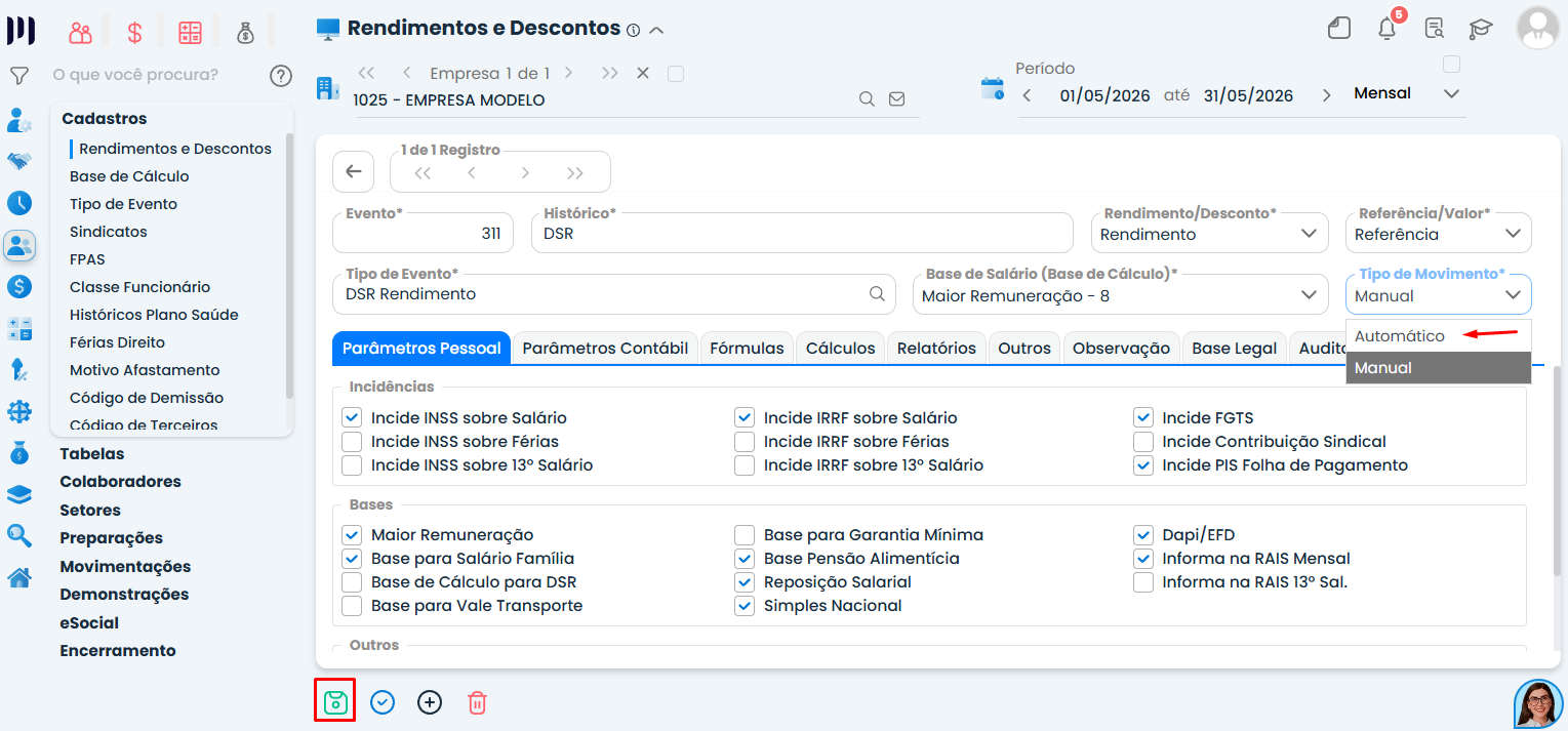 Tela do Sistema Contábil Makro mostrando o cadastro do evento 311 com o Tipo de Lançamento definido como Automático para o DSR na folha de pagamento do funcionário.