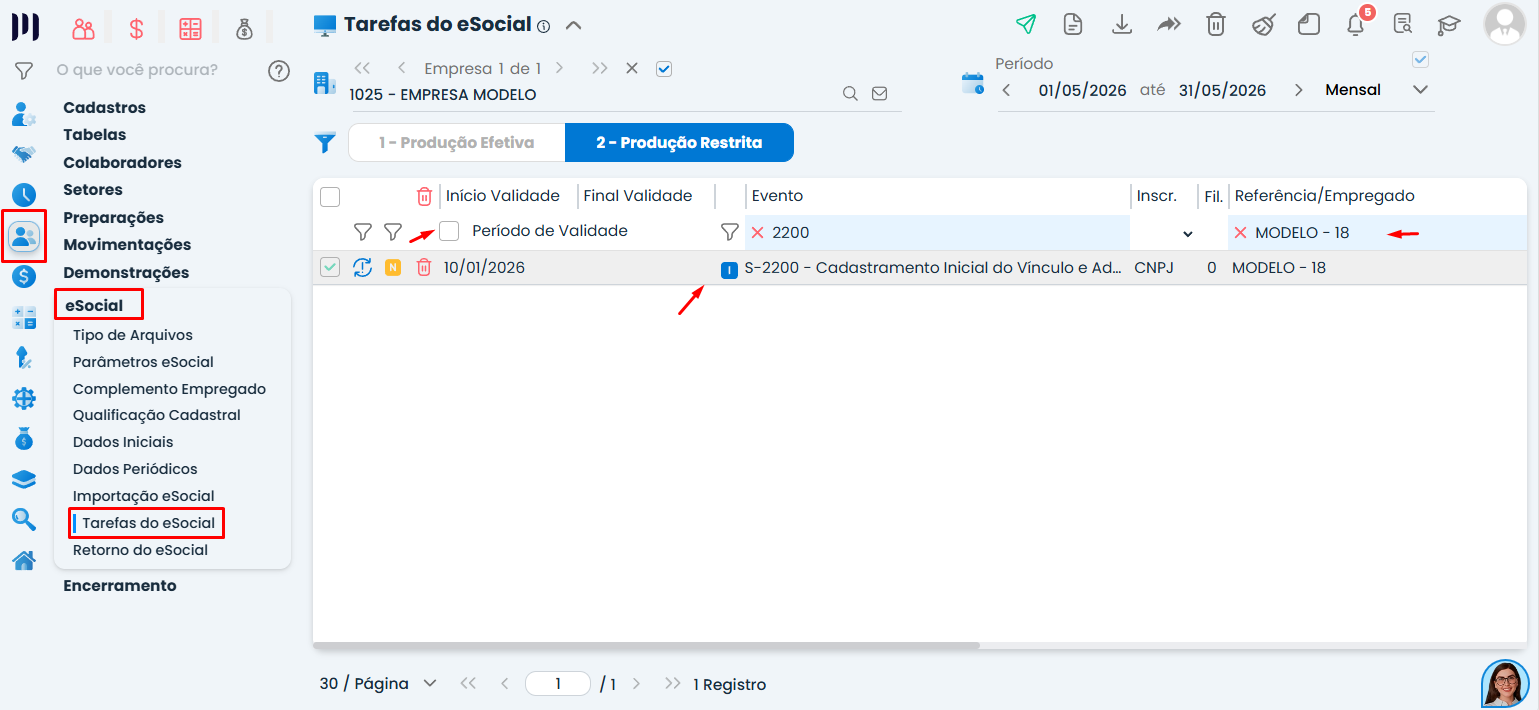 Tela de Tarefas do eSocial no Sistema Contábil Makro exibindo o evento S-2200 processado para validar o erro eSocial 304 e conferir a admissão.