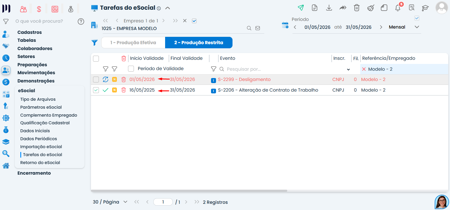 Tela de Tarefas do eSocial no Sistema Contábil Makro mostrando eventos S-2299 e S-2206 com validade para análise do erro eSocial 304.