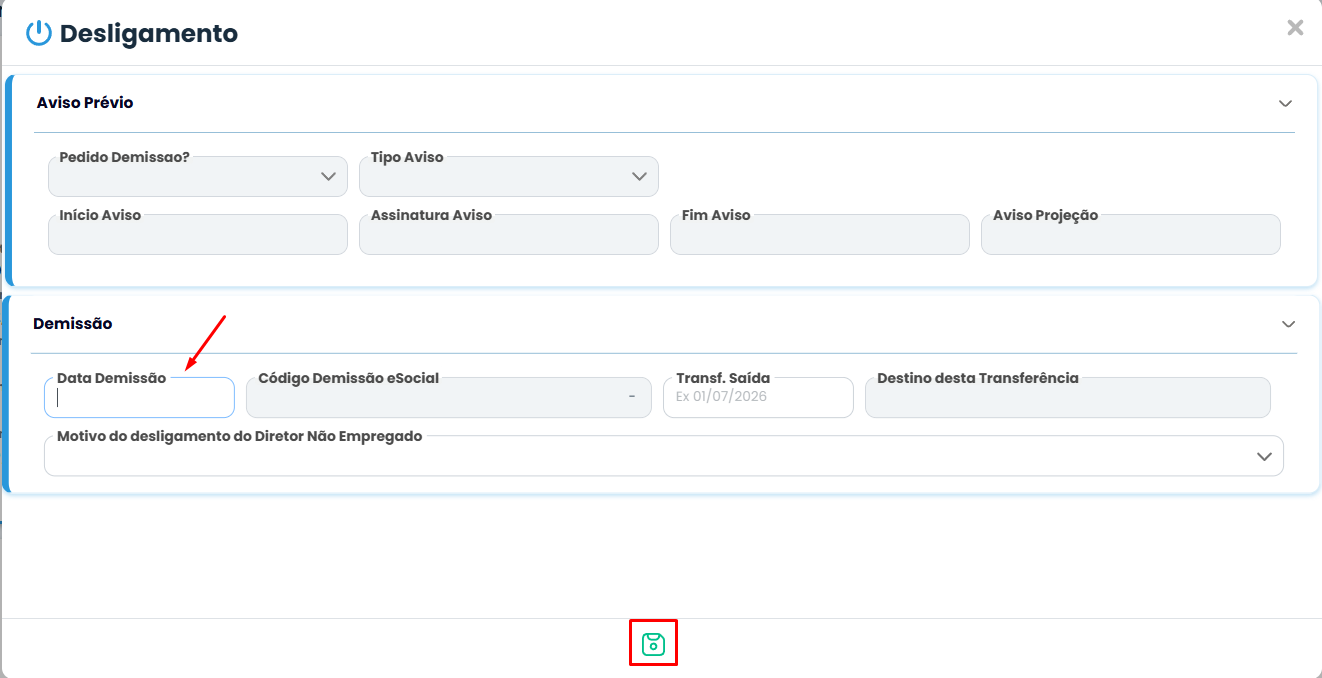 Tela de desligamento do Sistema Contábil Makro destacando o campo Data Demissão para registrar a Rescisão de estagiário.