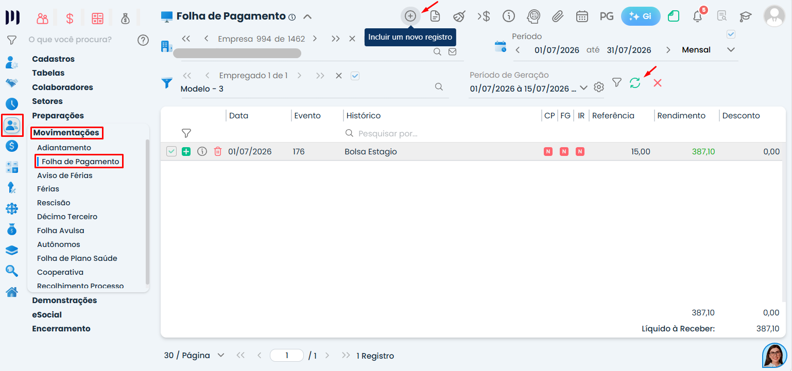 Tela da folha de pagamento no Sistema Contábil Makro com opção de incluir novo registro para complementar a Rescisão de estagiário.