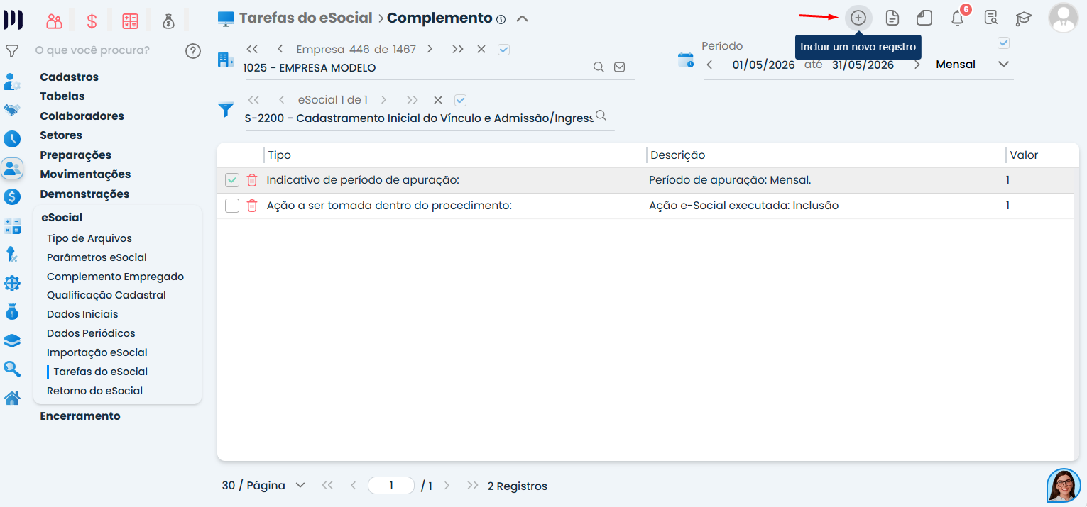 A tela do Sistema Contábil Makro apresenta a inclusão de novo registro nos complementos da tarefa de Funcionário afastado eSocial.