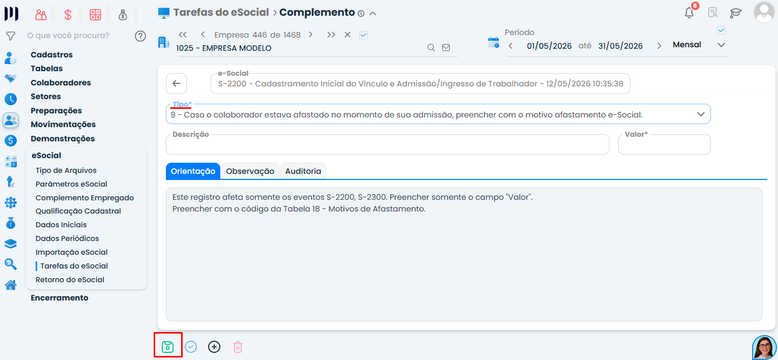 A tela do Sistema Contábil Makro exibe o cadastro do tipo 9 para informar o motivo de afastamento em Funcionário afastado eSocial.