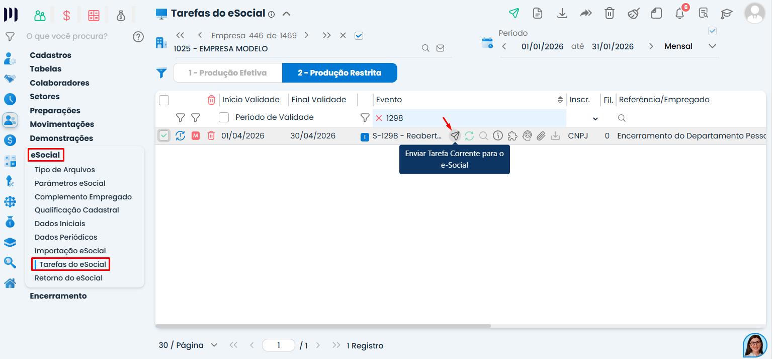 Tela de Tarefas do eSocial mostrando o envio do evento S-1298 para reabrir o período e corrigir o eSocial erro 902 no Sistema Contábil Makro.