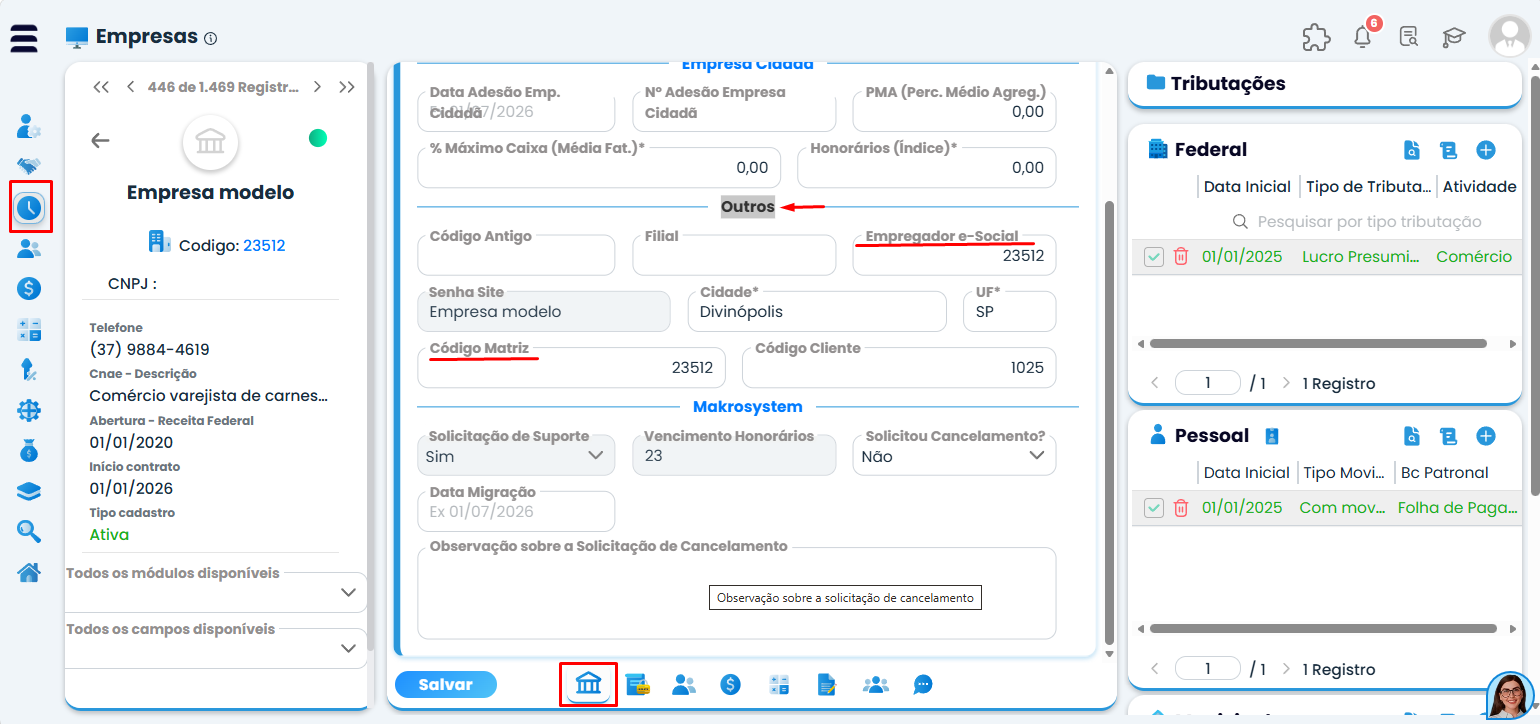 Tela do Sistema Contábil Makro exibindo o cadastro da empresa na aba Outros com os campos Código Matriz e Empregador eSocial para corrigir o erro eSocial 1505.
