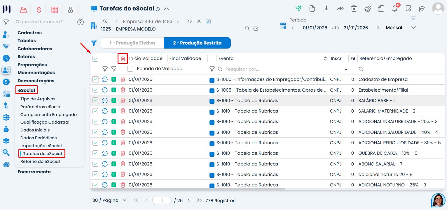 Tela de Tarefas do eSocial exibindo a exclusão em massa dos eventos no Sistema Contábil Makro como etapa para resolver o eSocial 174.