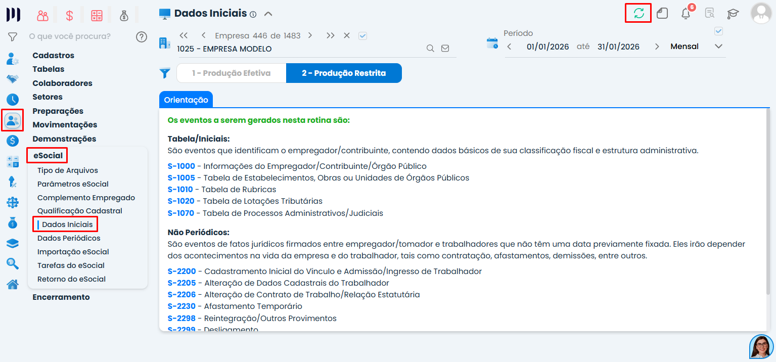Tela de Dados Iniciais do eSocial no Sistema Contábil Makro destacando a geração dos eventos iniciais após corrigir o erro eSocial 174.
