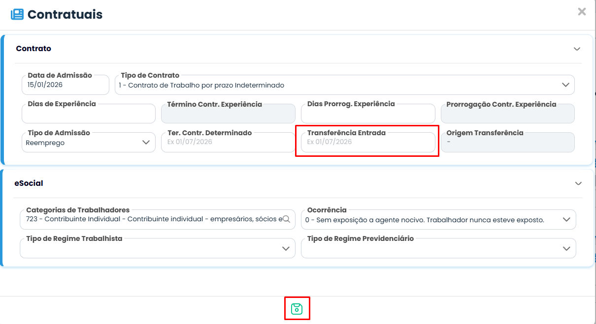 Tela da aba Contratuais destacando o campo Transferência Entrada no Sistema Contábil Makro para ajustar a data do eSocial 174.