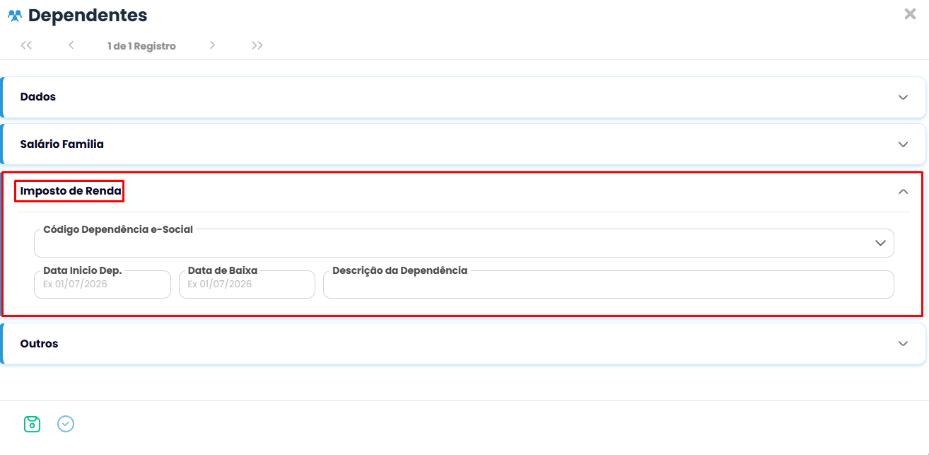 Tela do Sistema Contábil Makro destacando a aba Imposto de Renda com o campo Código Dependência eSocial para corrigir o Erro eSocial 882.