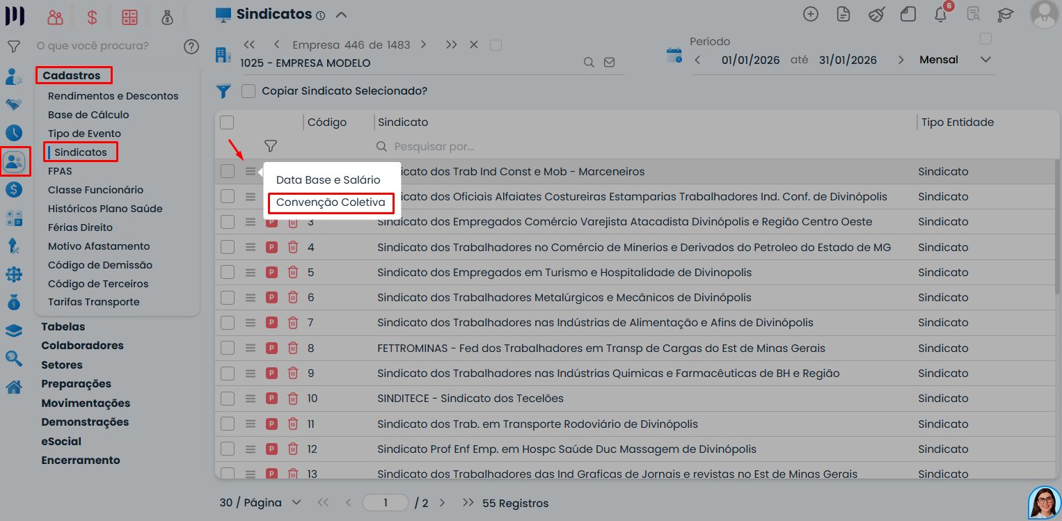 Tela do Sistema Contábil Makro exibindo o menu de sindicatos e o acesso ao cadastro de convenção coletiva para o Cadastro da convenção.