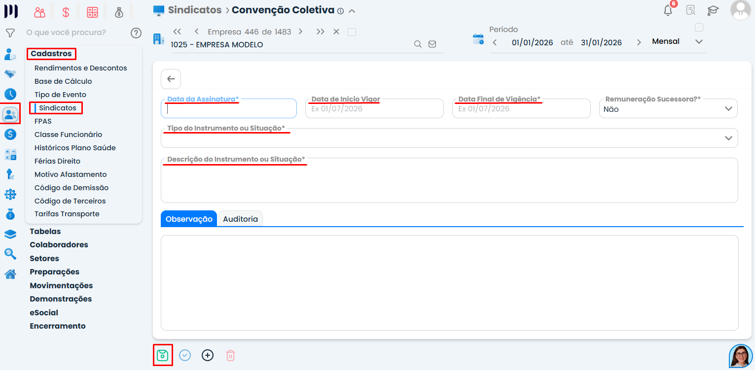 Tela do Sistema Contábil Makro com o formulário de convenção coletiva para preencher os dados vigentes no Cadastro da convenção.