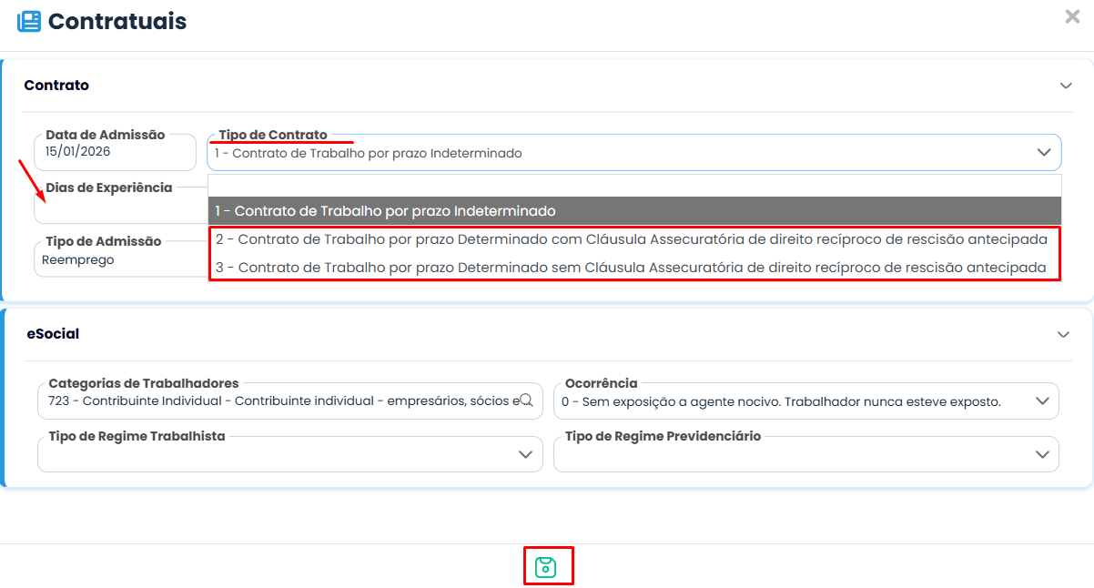 Tela de contrato do Sistema Contábil Makro exibindo os campos Dias de Experiência e Tipo de Contrato para Inserir contrato de experiência.