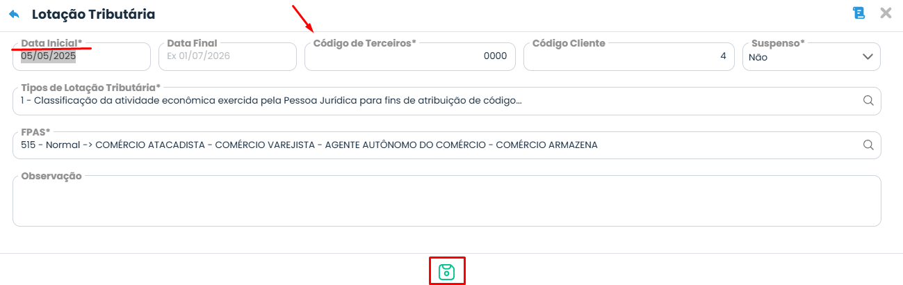 Tela de Lotação Tributária no Sistema Contábil Makro destacando o código de terceiros para corrigir Tipo de lotação incompatível.