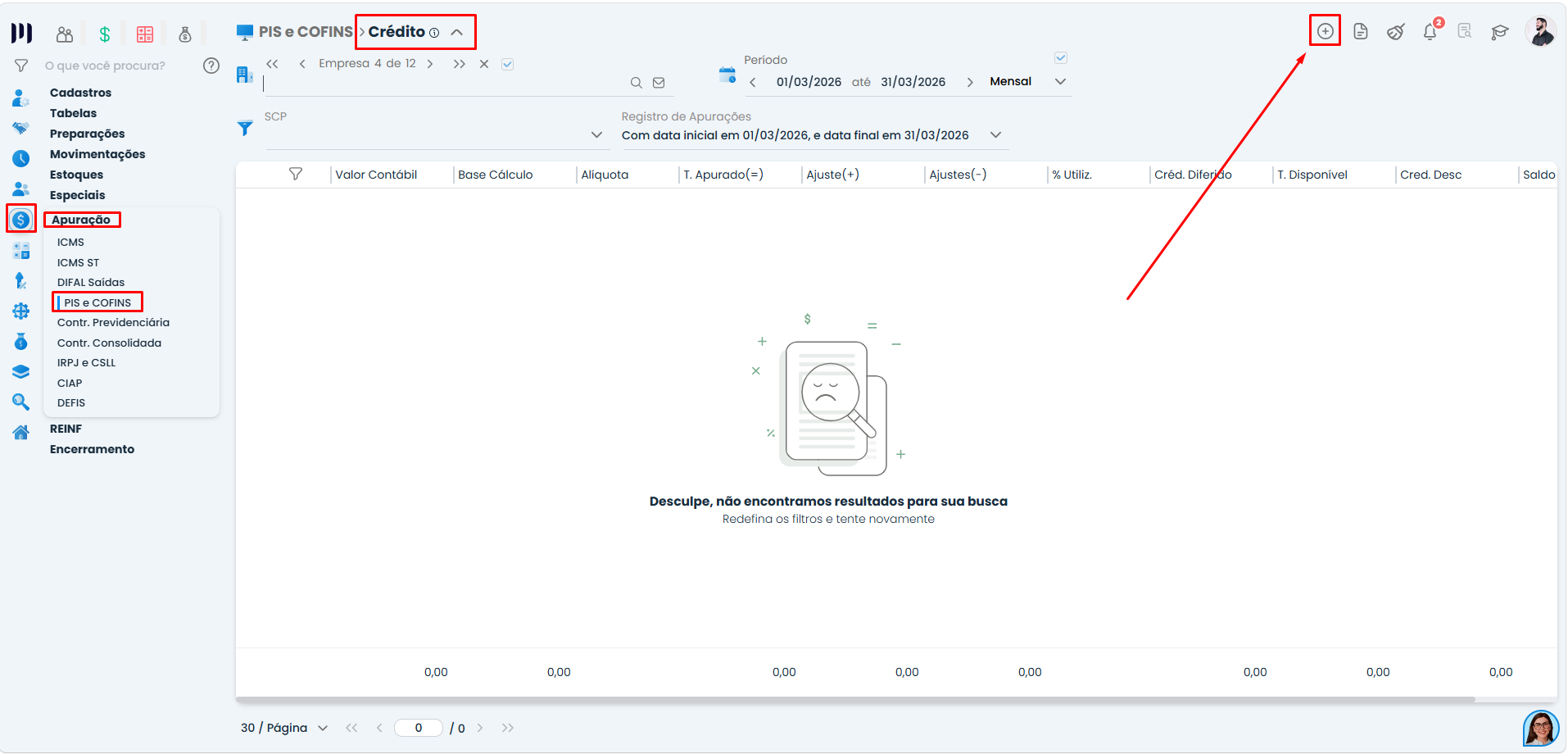 Tela do Sistema Contábil Makro exibindo a opção Crédito e o menu para incluir novo lançamento de Crédito do PIS e COFINS manualmente.