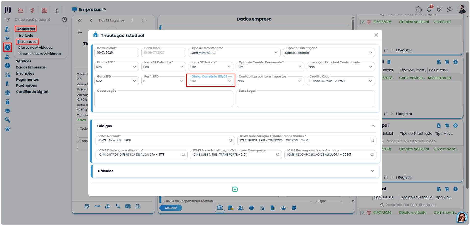 Tela do Sistema Contábil Makro com configuração da Tributação Estadual e opção Convênio 115/03 definida como Sim para Arquivos do Convênio ICMS.