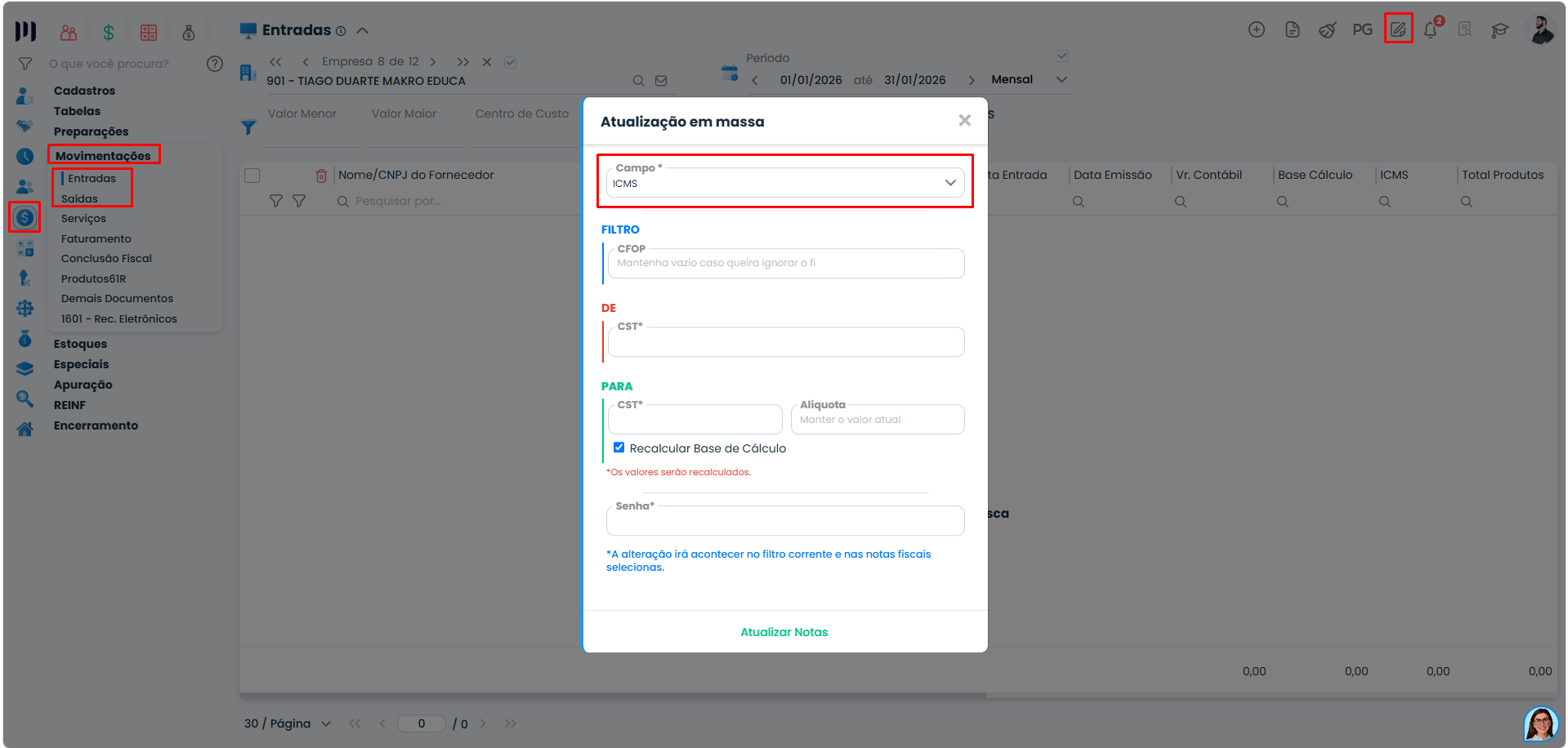 Sistema Contábil Makro apresentando a tela de Entradas com atualização em massa para configurar ICMS em Notas Fiscais.