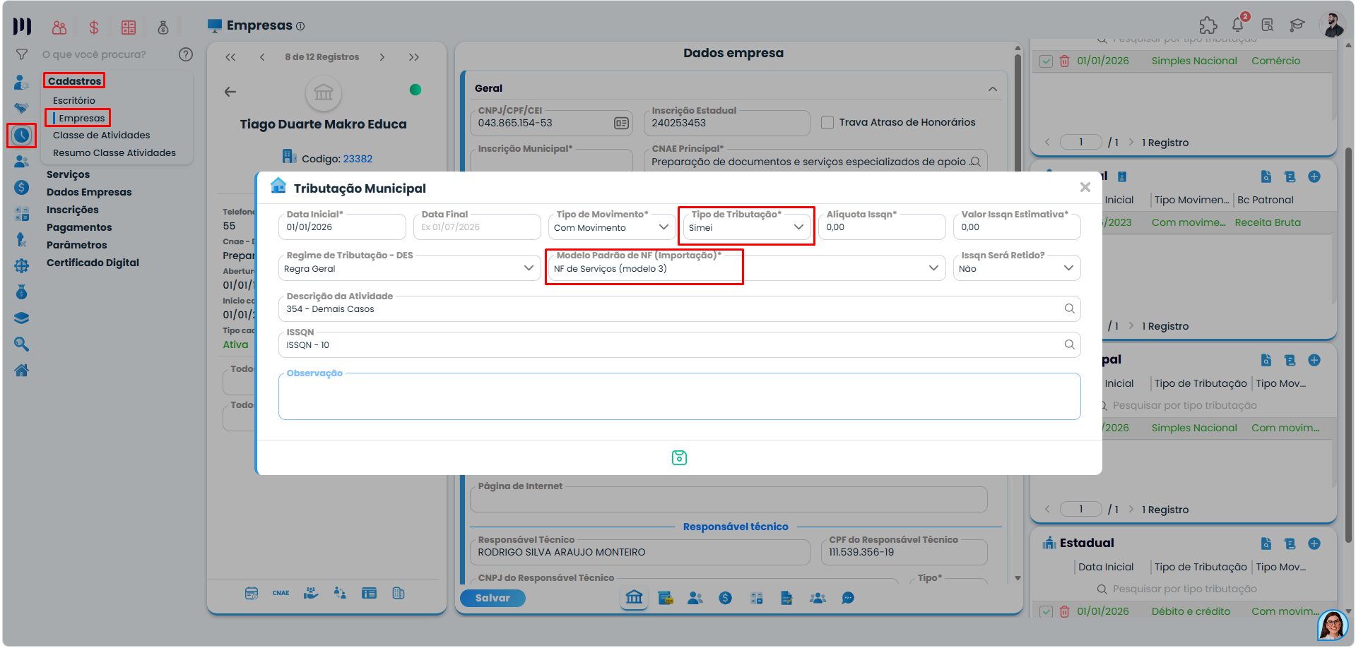 Tela da Tributação Municipal no Sistema Contábil Makro com configuração Simei e modelo NF de Serviços (Modelo 3) para importação de Notas Fiscais de Serviços.