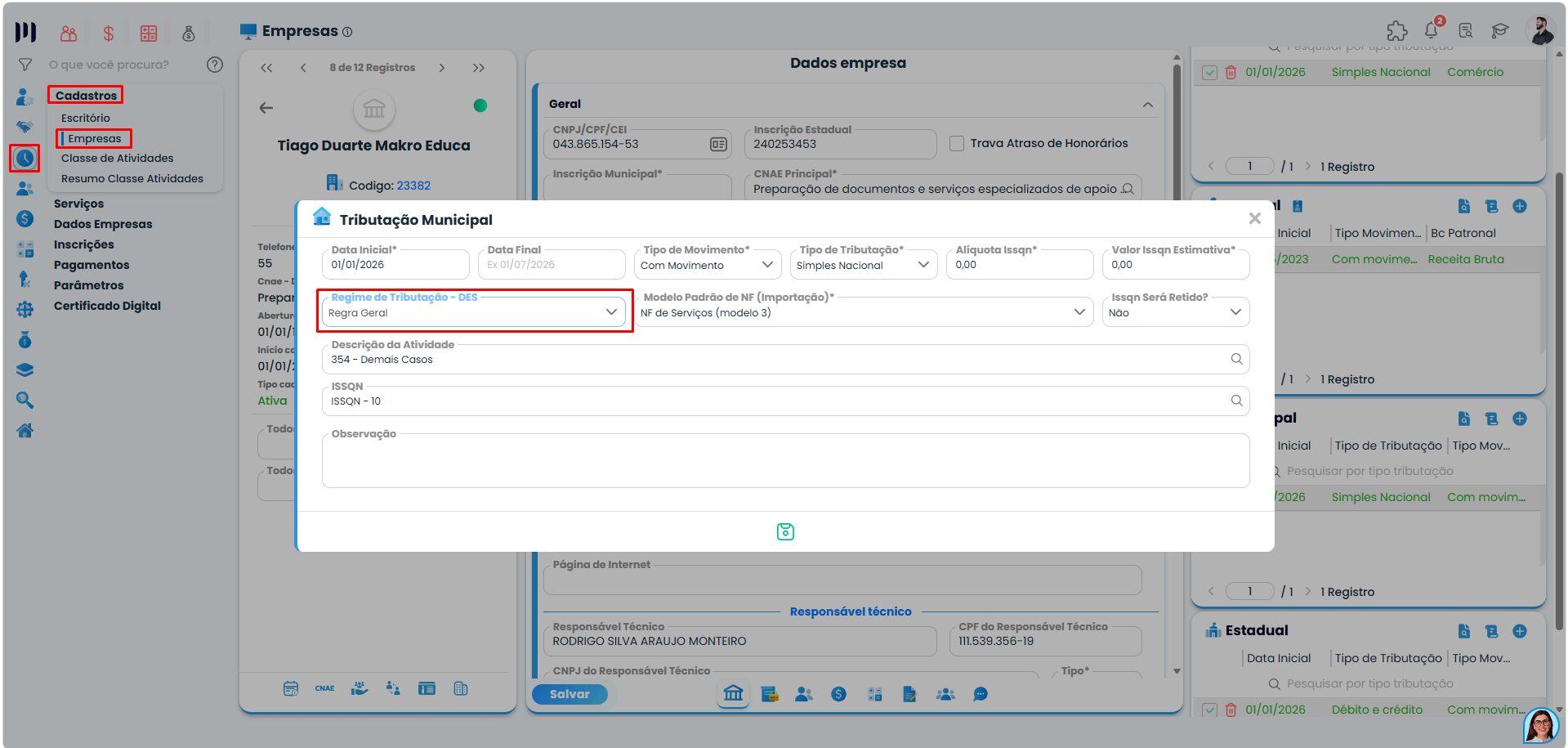 Tela do Sistema Contábil Makro com a configuração do Regime Especial de Tributação Municipal necessária para gerar o Arquivo DES BH.