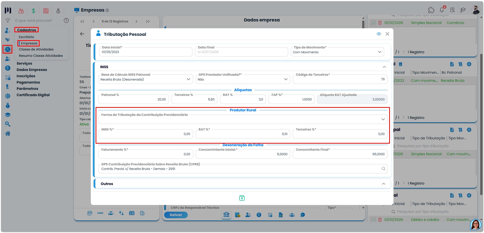Tela do Sistema Contábil Makro com cadastro de alíquotas para produtor rural, etapa do Evento R-2055 na EFD-Reinf para configuração fiscal.