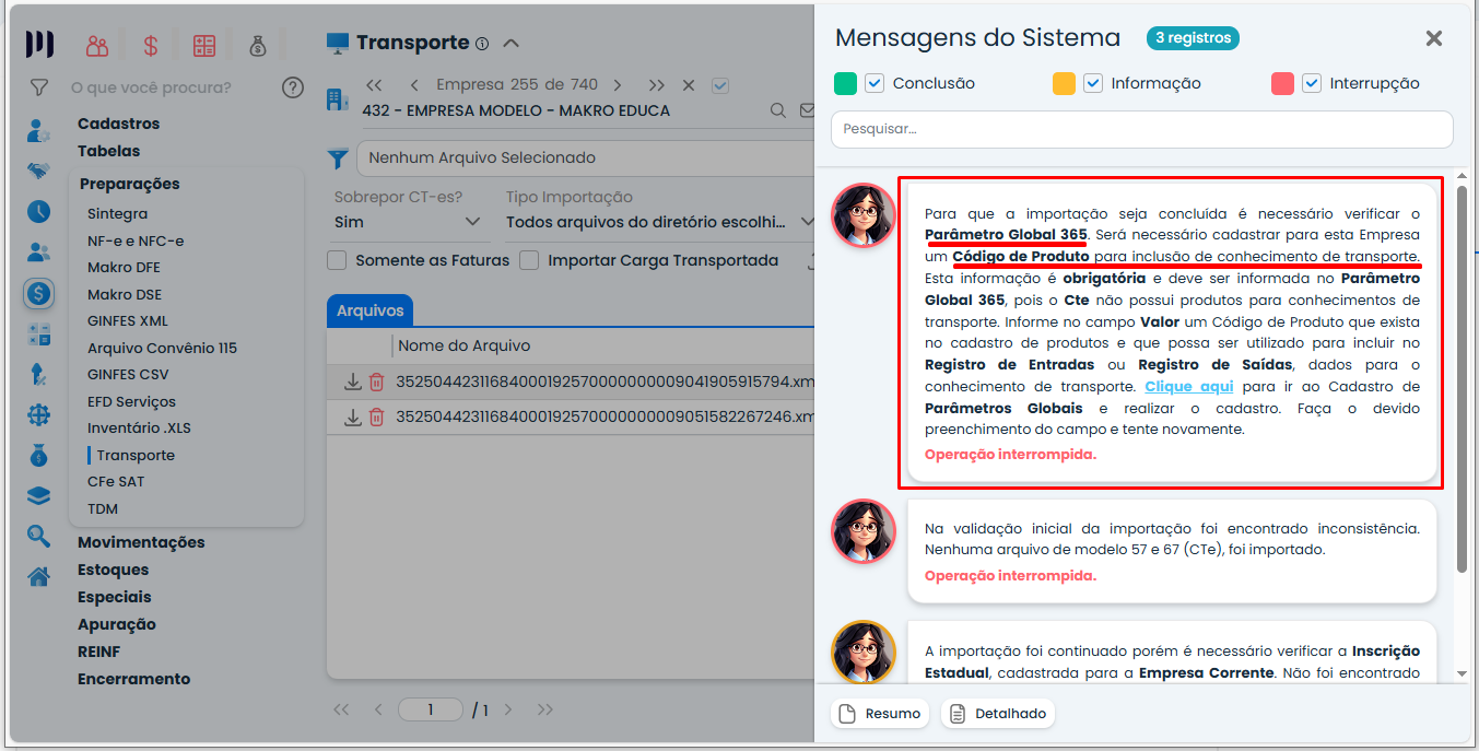 Mensagem de erro na Importação de CTes no Sistema Contábil Makro orientando o cadastro de um código de produto para concluir a importação com sucesso.