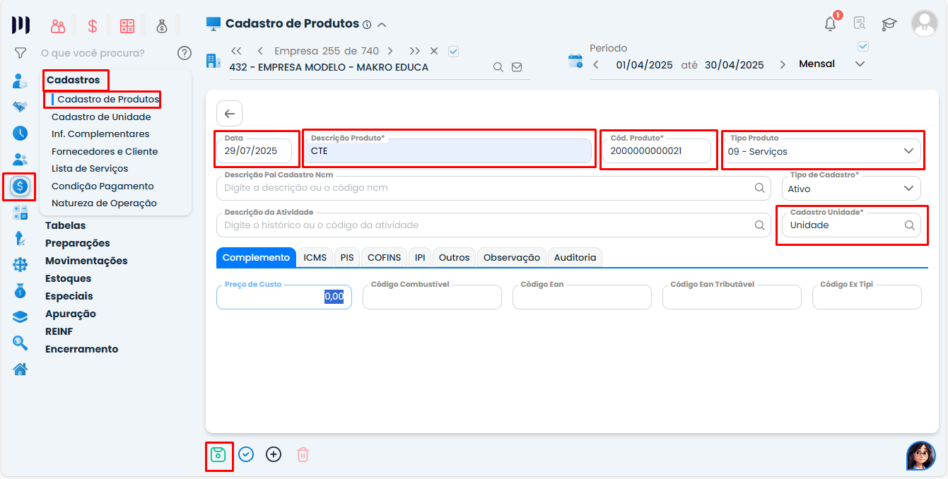 Tela de cadastro do produto CTE no Sistema Contábil Makro com campos destacados para configurar corretamente a Importação de CTes.