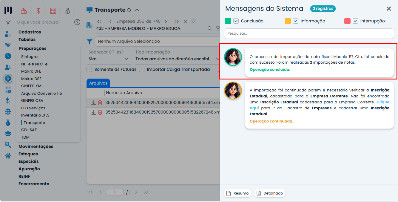 Mensagem de sucesso da Importação de CTes no Sistema Contábil Makro confirmando a conclusão da operação após a configuração do produto.