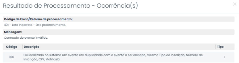 Mensagem de erro eSocial 106 exibida no Sistema Contábil Makro indicando evento em duplicidade com outro já enviado para processamento.