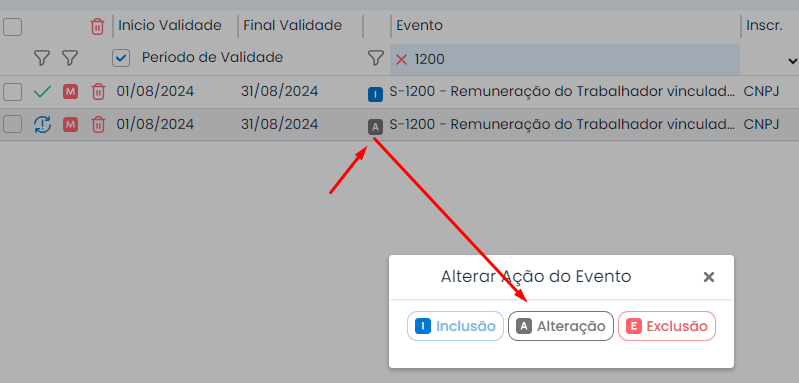 Tela do Sistema Contábil Makro mostrando a alteração do evento S-1200 para corrigir o erro eSocial 106 de evento em duplicidade.