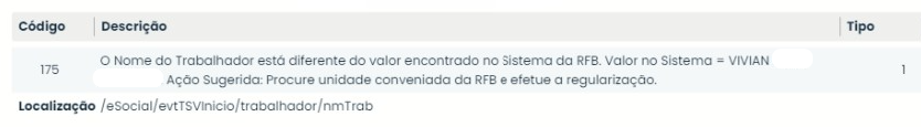 Erro eSocial 175 exibido na tela do Sistema Contábil Makro, informando divergência no nome do trabalhador em relação ao cadastro da Receita Federal.