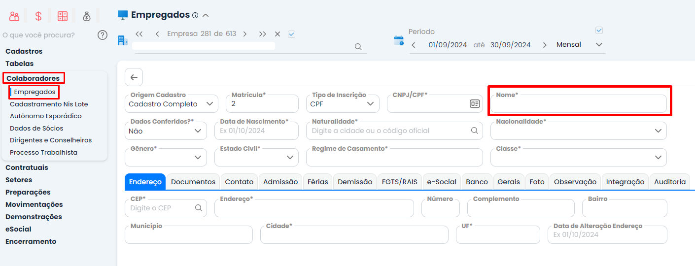 Tela de cadastro de empregados do Sistema Contábil Makro destacando o campo Nome para corrigir o erro eSocial 175 conforme a Receita Federal.