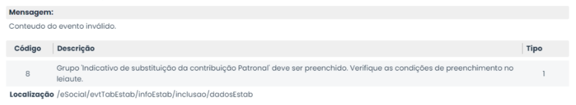 Erro de validação eSocial 8 exibido na tela com código 8 e mensagem sobre grupo obrigatório não preenchido no Sistema Contábil Makro.