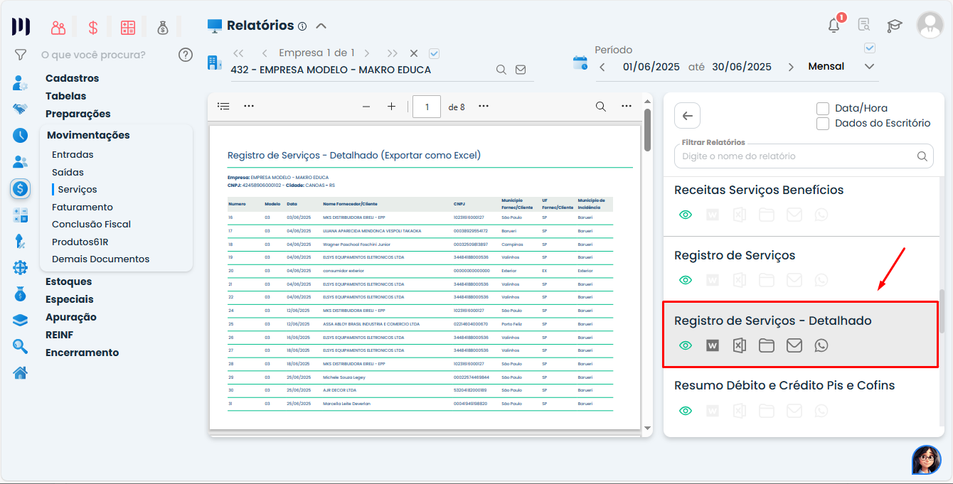 Tela do Sistema Contábil Makro exibindo o relatório Registro de Serviços - Detalhado para Conferência de Serviços Prestados, com opção de seleção destacada.