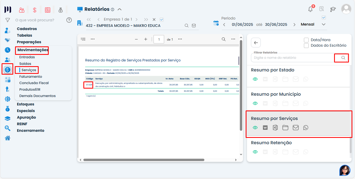Tela do Sistema Contábil Makro apresentando o relatório Resumo por Serviços para Conferência de Serviços Prestados, com pesquisa e seleção do relatório destacadas.