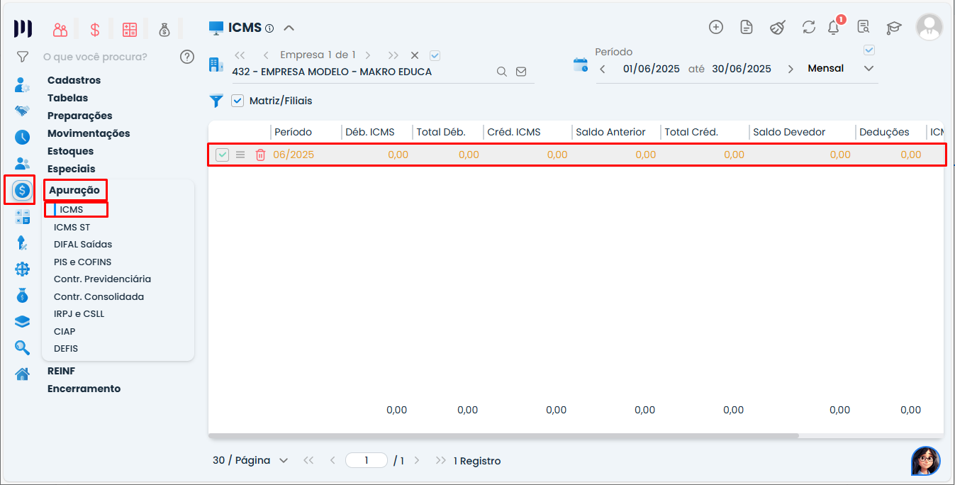 Tela de Apuração de ICMS no Sistema Contábil Makro com acesso ao menu Fiscal > Apuração > ICMS para lançamento de Créditos de ICMS.