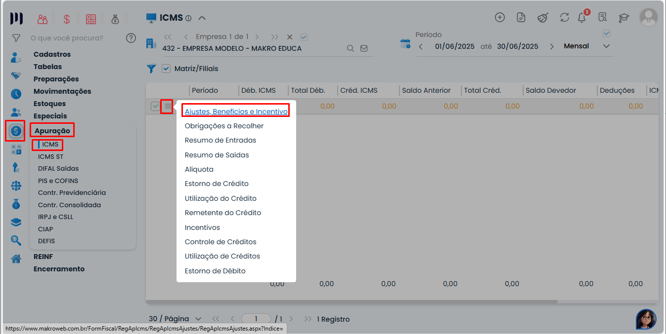 Menu Ajustes, Benefícios e Incentivo no Sistema Contábil Makro acessado para cadastrar ajustes relacionados aos Créditos de ICMS.