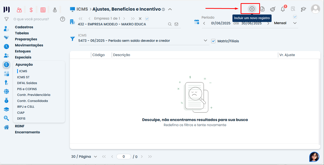 Tela de Ajustes, Benefícios e Incentivo no Sistema Contábil Makro com destaque para incluir novo registro de Créditos de ICMS.