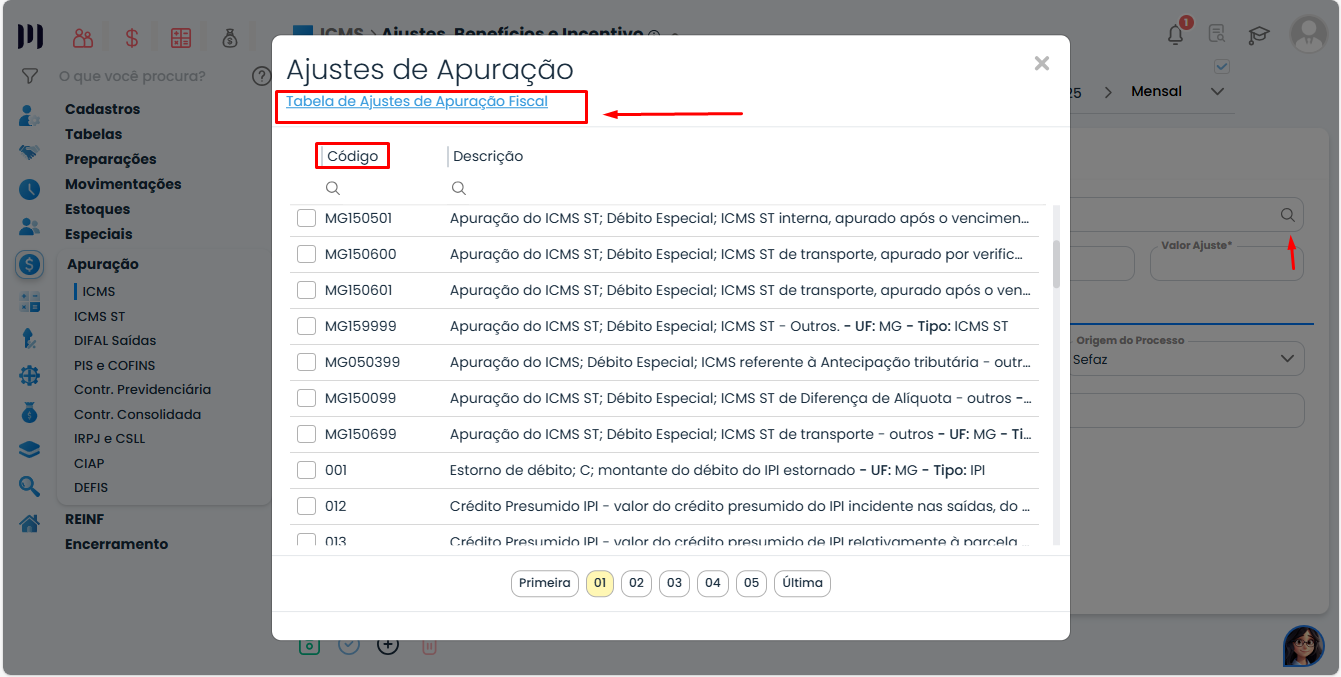 Janela de Ajustes de Apuração no Sistema Contábil Makro exibindo a tabela oficial para seleção do código de Créditos de ICMS.