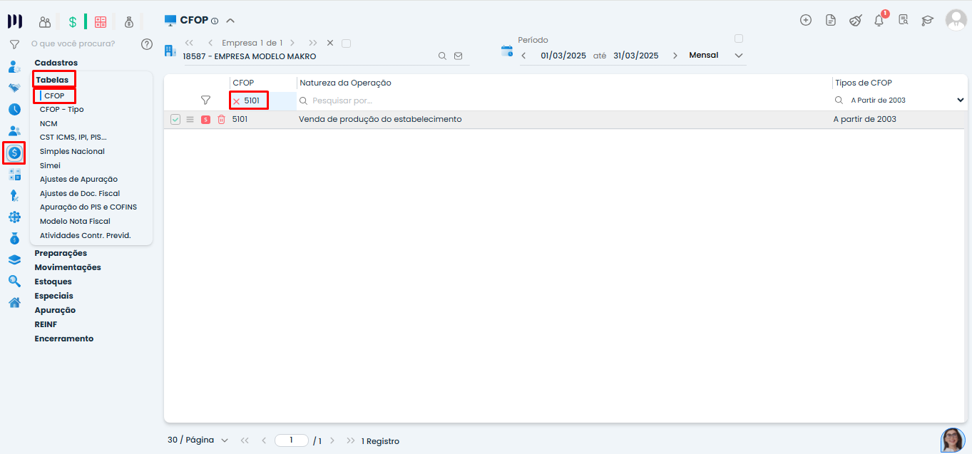 Tela do Sistema Contábil Makro com o menu Fiscal > Tabelas > CFOP destacado para localizar o cadastro utilizado na importação de Arquivo XML.