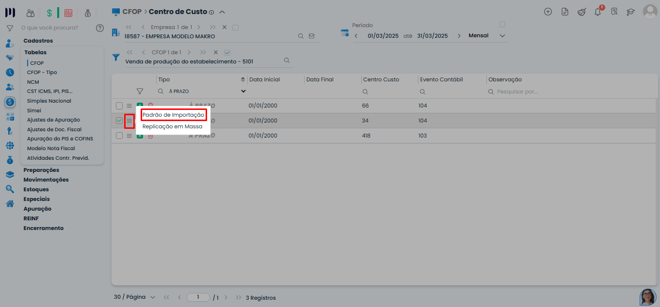Tela do Sistema Contábil Makro mostrando a opção Padrão de Importação no cadastro de Centro de Custo para vincular Arquivo XML.