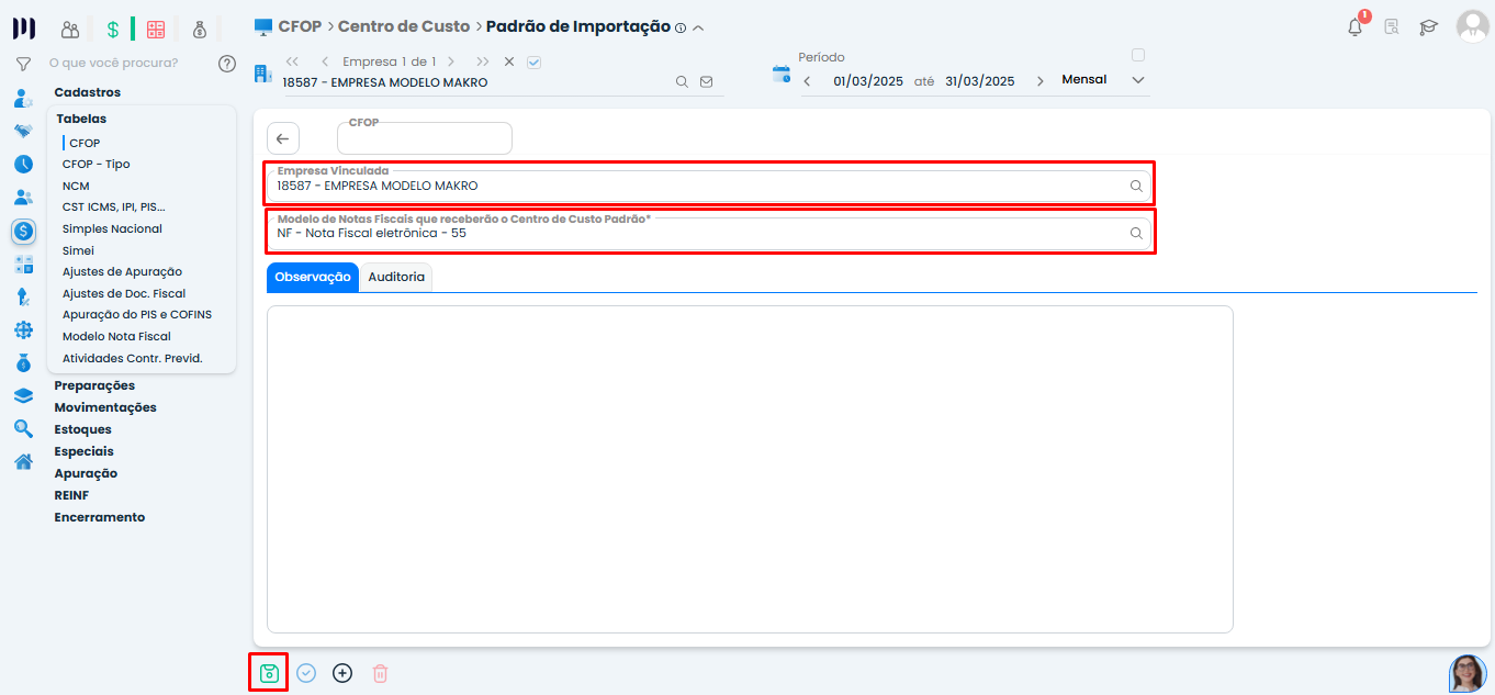 Tela do Sistema Contábil Makro com os campos Empresa e Modelo de Nota Fiscal configurados no Padrão de Importação para Arquivo XML.