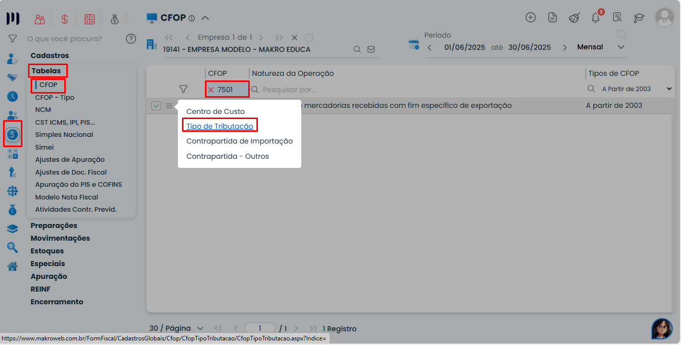Tela do Sistema Contábil Makro mostrando a configuração do Tipo de Tributação do CFOP para Exportação Indireta no processo de IRPJ e CSLL sobre exportação.